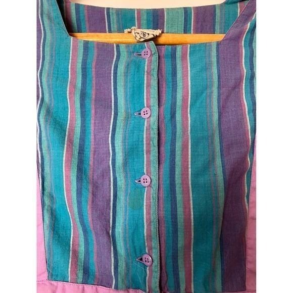 Vintage Plaid Cotton Dress Blue Purple Pink Plaid Puff sleeves Tie back Sz 8 - Picture 6 of 12